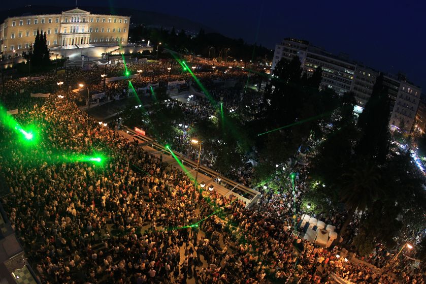 Tens of thousands of protesters demonstrate in front of the Greek parliament in Athens, Greece on 5 June 2011. Protesters all over Greece gathered in central squares of their city for 12th straight day to oppose new heavy austerity measures. EPA/ORESTIS PANAGIOTOU EPA/ANA-MPA/ORESTIS PANAGIOTOU